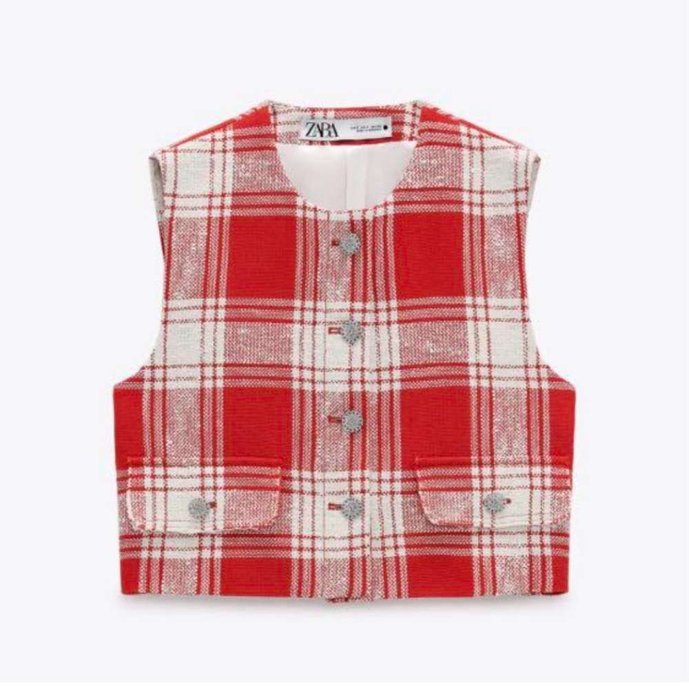 Zara Textured Waistcoat Vest Top Sleeveless Red White - Picture 2 of 14
